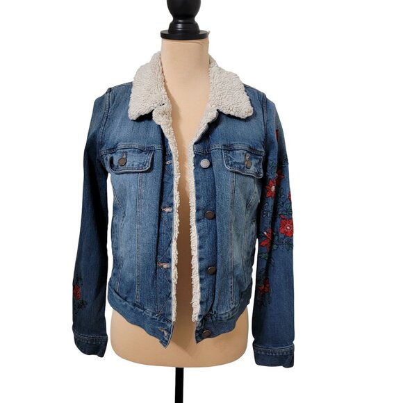 Jolt Size S Denim Jacket With Sherpa Lining and Floral Embroidery, Gently Used - Picture 1 of 12